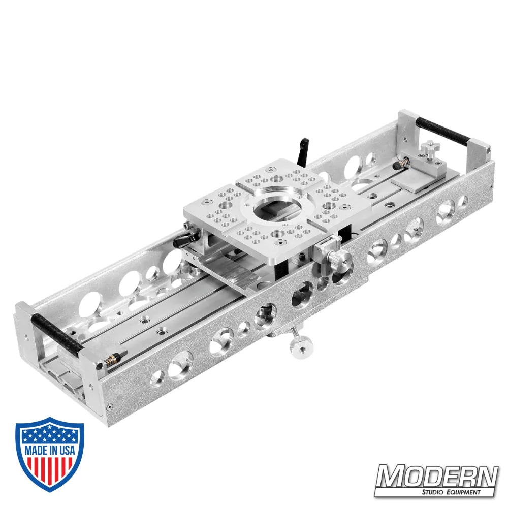 Camera slider with 360° swivel base and locking castle nut for film grip and rigging solutions.