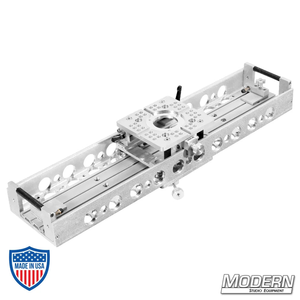 Linear camera slider with 360° swivel base and locking castle nut for film grip and rigging.