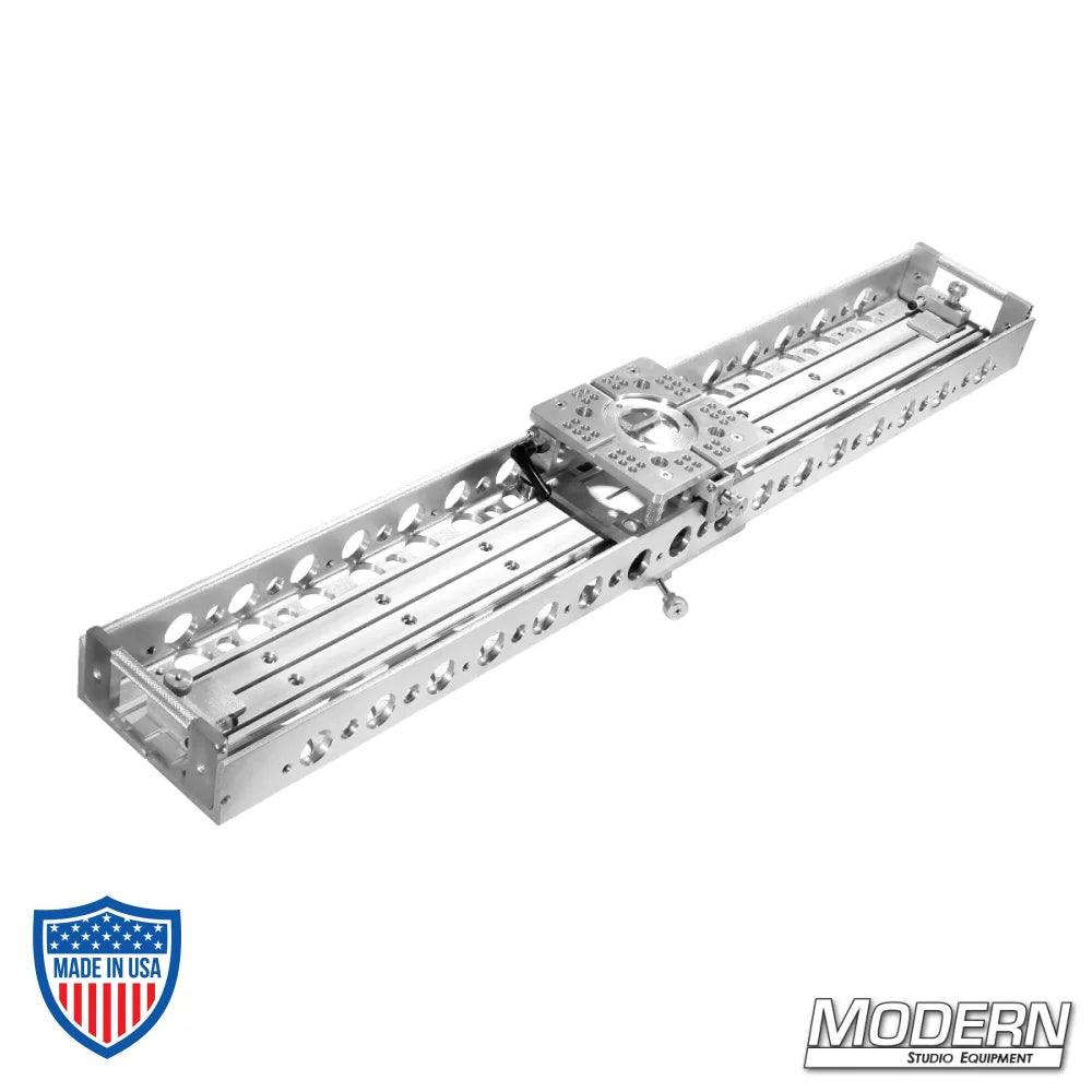 Camera slider with 360° swivel base and locking castle nut for film rigs and grip equipment.