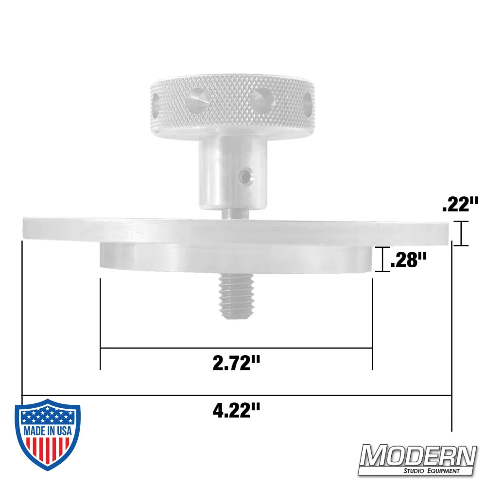 Camera tie-down knob for film grip and rigging with dimensions detailed. Modern Studio Equipment branding.