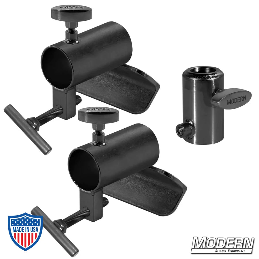Candlestick bracket set for 1-1/4" Speed-Rail in black zinc for film grip rigging and crane bucket mounting.