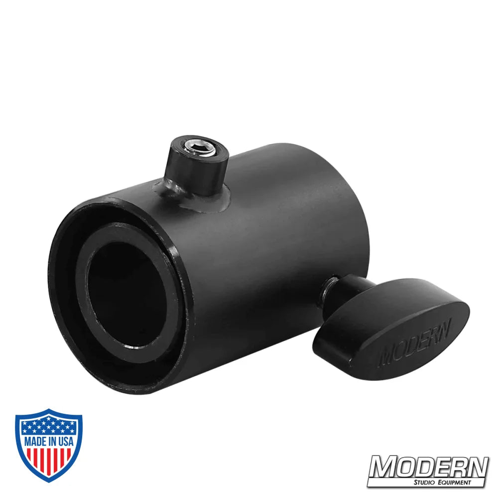 Black Zinc Candlestick Maker for film rigging, a steel fitting for 1-1/2" Schedule 40 aluminum Speed-Rail to 1-1/8" female receiver conversion.