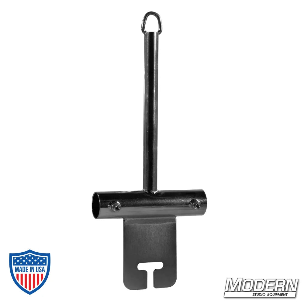 Center boom post with ear for 1-1/4" Speed-Rail® in black zinc finish used in film grip and rigging setups.