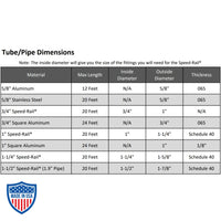 Tube and pipe dimensions chart for various Speed-Rail® materials including aluminum, stainless steel, and square aluminum.
