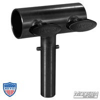 Black zinc crab dolly to horizontal receiver for 1-1/4" Speed-Rail® with T-handles, ideal for film grip rigging.