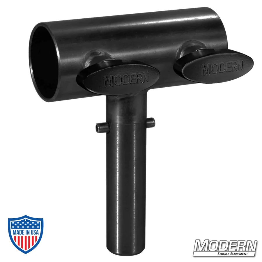 Black zinc crab dolly to horizontal receiver for 1-1/4" Speed-Rail® with T-handles, ideal for film grip rigging.