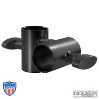 Black zinc 90º bracket with T-Handle for 1-1/4" schedule 40 Speed Rail® used in film grip and rigging.