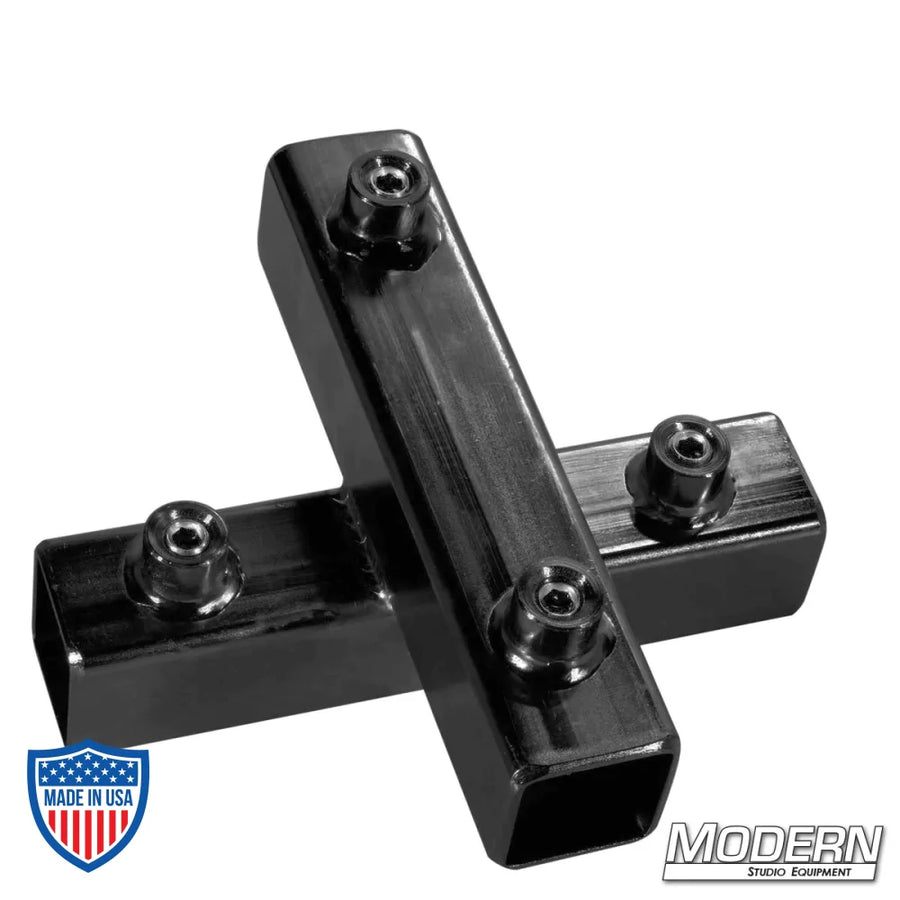 Black zinc cross for 1" square tube with set screws for film grip and rigging applications.