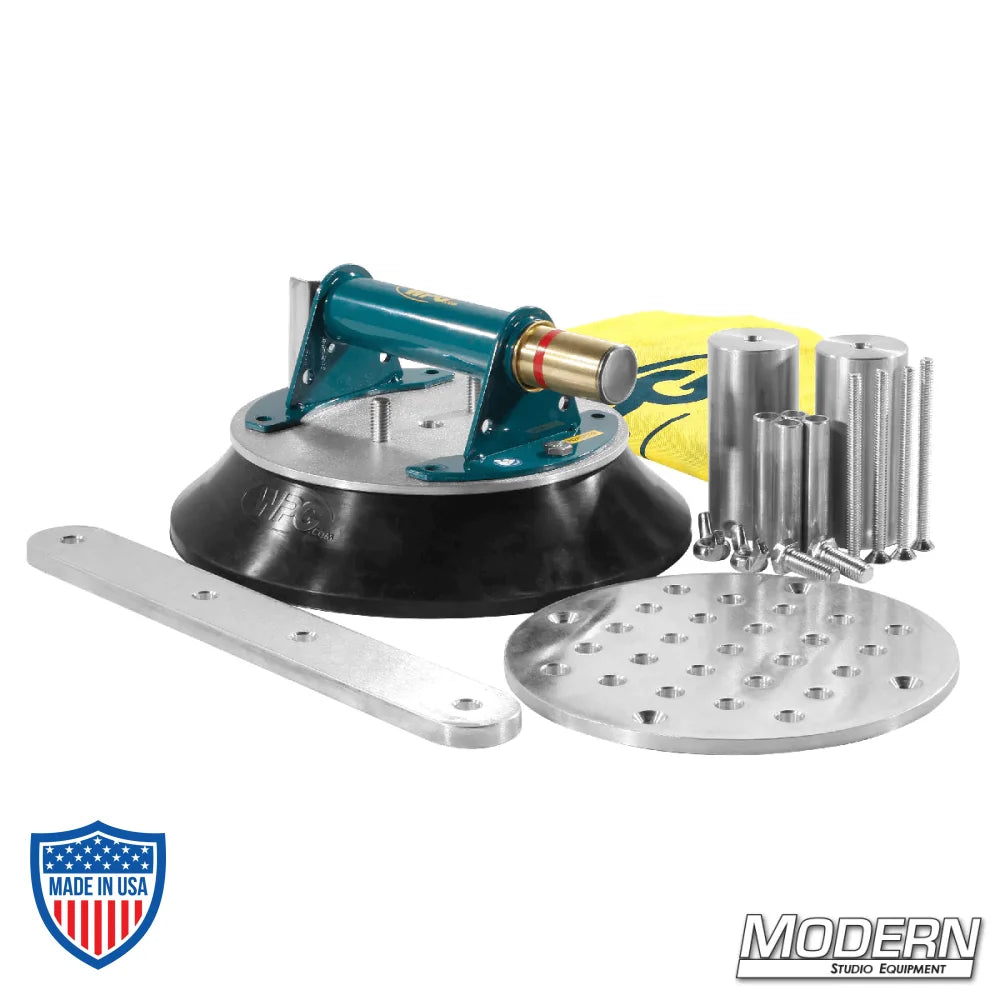 Deluxe 10" vacuum cup kit with cheese plate, riser posts, and Speed-Rail starters for film grip rigging by Wood's Powr-Grip
