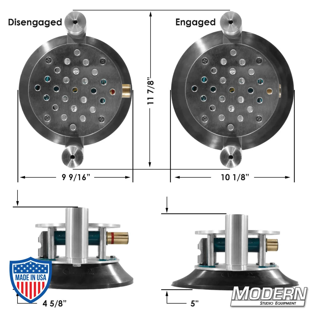 Deluxe 10" Super Suction Cup with Cheese Plate and Starters for film grip rigging by Wood's Powr-Grip showing disengaged and engaged states