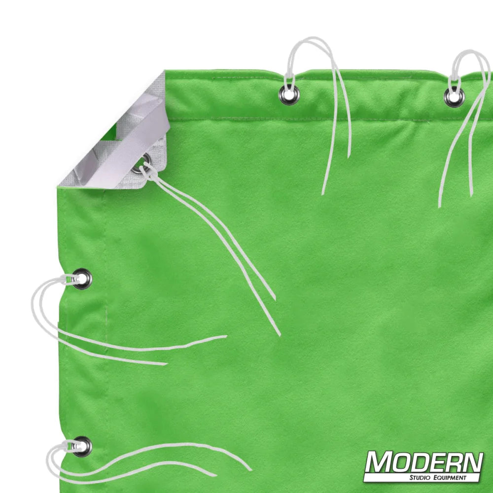 Lime green digital screen with high reflectance, featuring webbing, grommets, and ties, ideal for film grip and rigging.