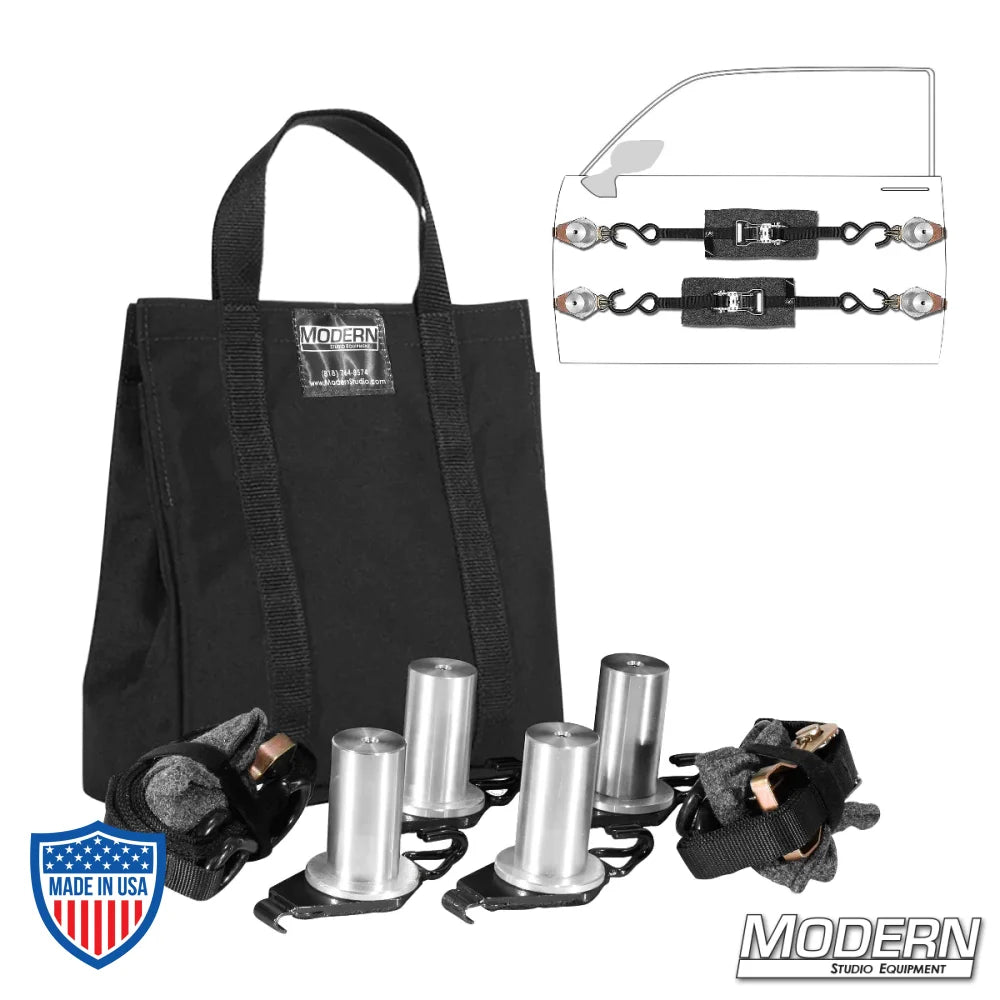 Door Mount Kit for Speed-Rail® with hooks, pipe fitting starters, aluminum washers, ratchet tie downs, bolts, storage bag for film grip rigging