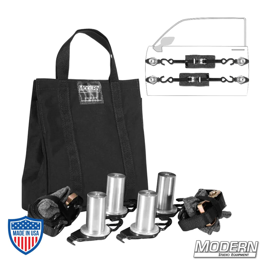 Door Mount Kit for 1-1/4" Speed-Rail® with hooks, pipe fitting starters, washers, ratchet tie downs, bolts, storage bag – film grip rigging