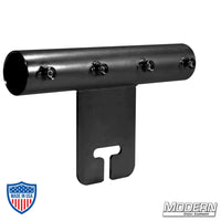 Black zinc Ear for 1-1/2" Speed-Rail® with set screws, used for film grip rigging, attaches Schedule 40 aluminum Speed-Rail® to gobo head