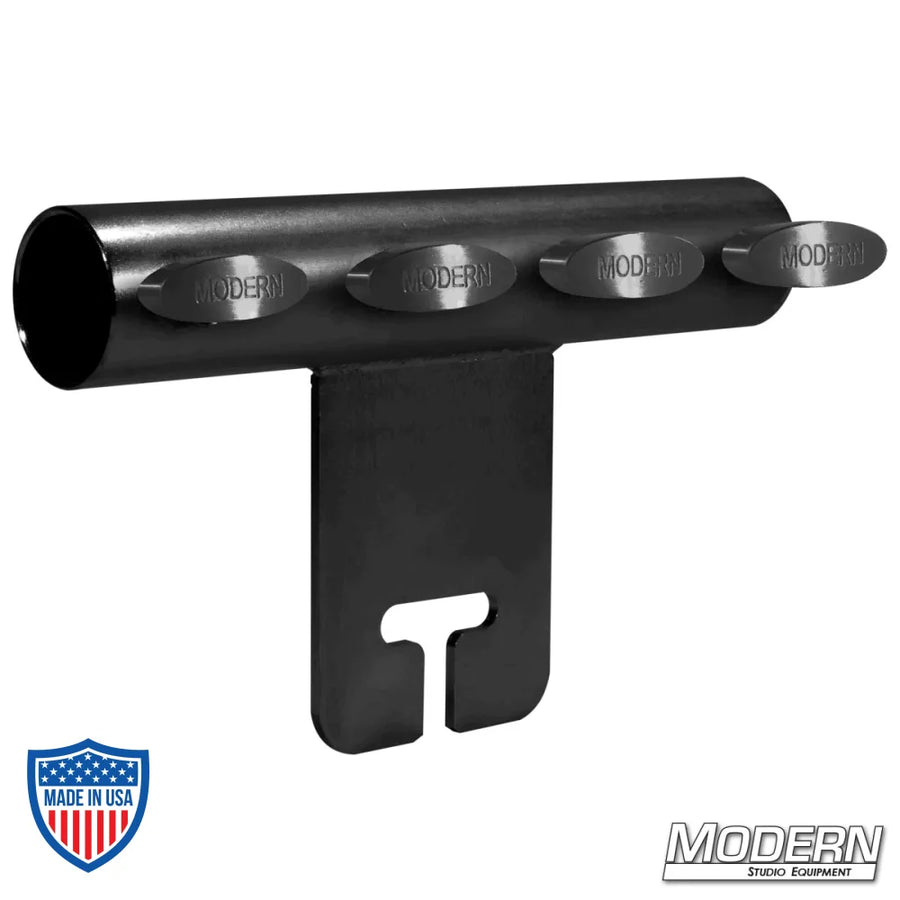 Black zinc Ear for 1-1/4" Speed-Rail® with T-Handles for film grip rigging, used to attach schedule 40 aluminum to gobo/grip head.