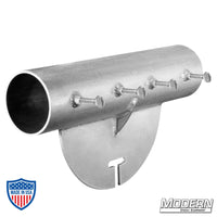 Welded aluminum adapter for 4" irrigation pipe, used for film grip rigging to attach pipe to gobo/grip head.