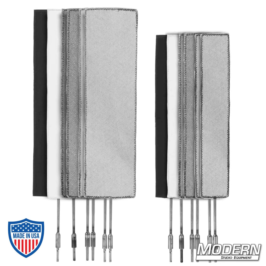 Set of 12 film grip rigging fingers, including 2" x 12" and 4" x 14" singles, doubles, solid, and silk options.