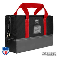 Durable Cordura film grip rigging bag with heavy-duty zippered closure, red handles, and vinyl bottom for holding 12" x 18" flags.