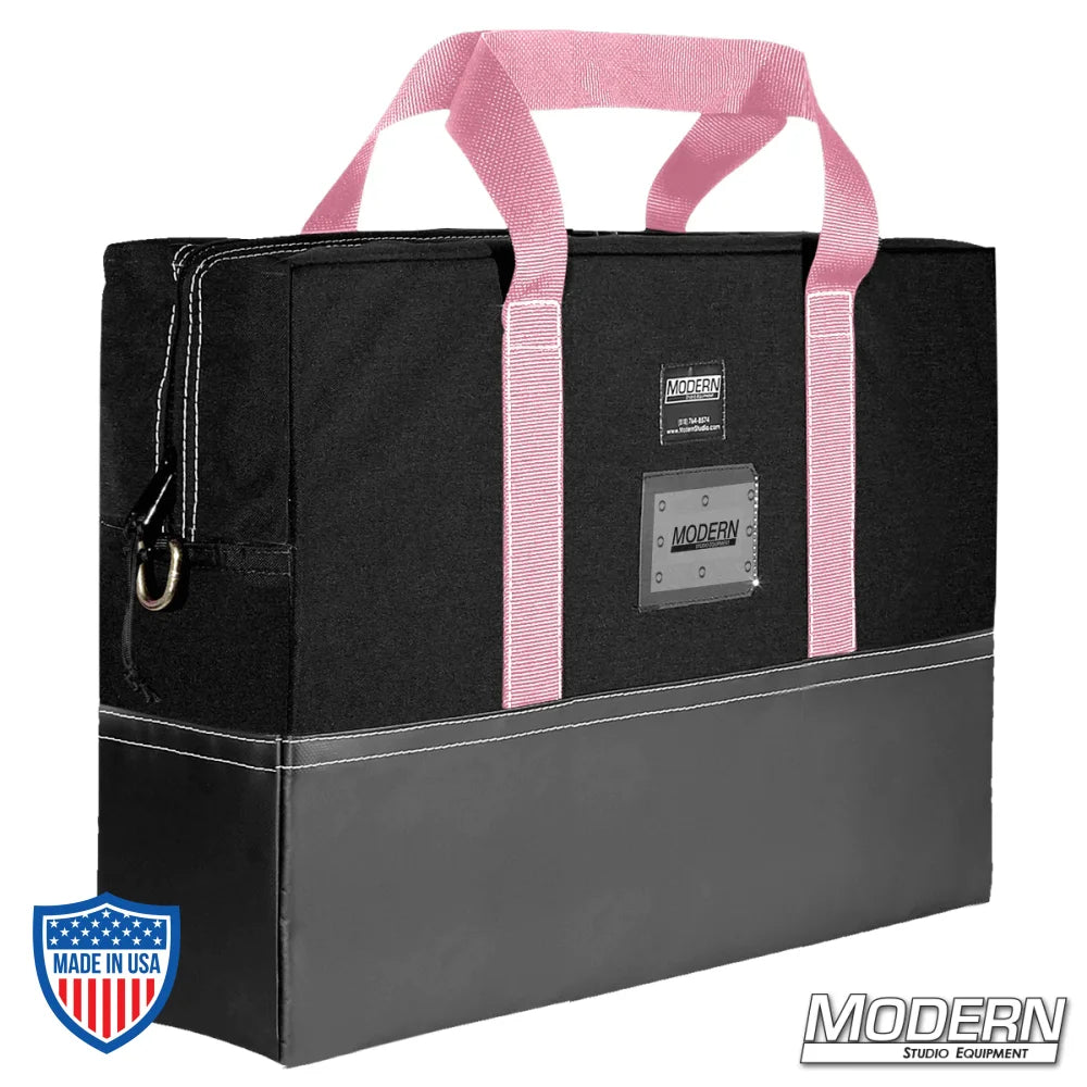 Black Cordura film grip rigging bag with pink handles and vinyl bottom, 18" x 24" size, by Modern Studio Equipment.