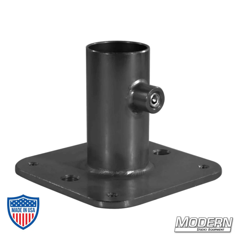 Flange Base for 1" Round Pipe - Black Zinc, flat plate welded to a 1" schedule 40 Speed-rail® receiver for film grip rigging.