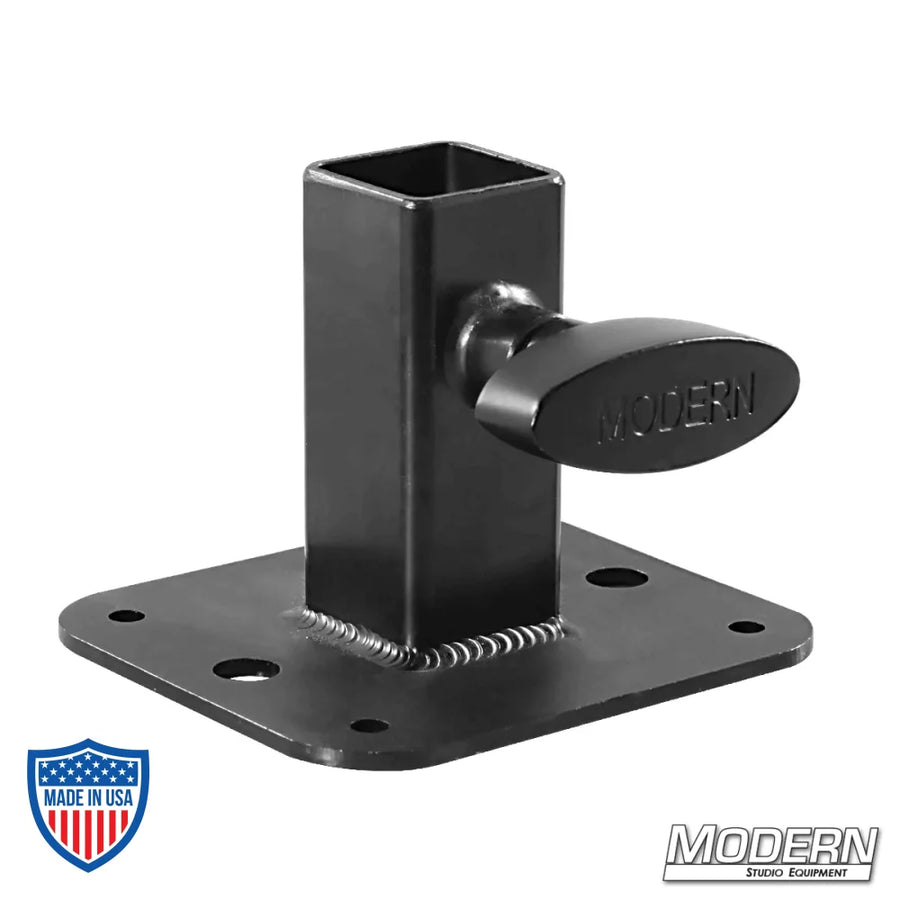 Flange base for 1" square tube in black zinc with T-handle for film grip rigging.
