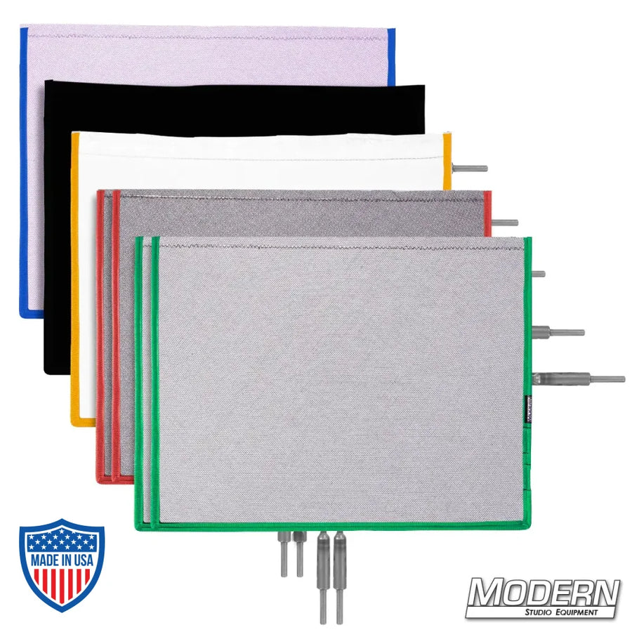 Flex Scrim Set - 7 Scrims including Singles, Doubles, Silk, Solid, and Lavender, for film grip and rigging on set lighting.