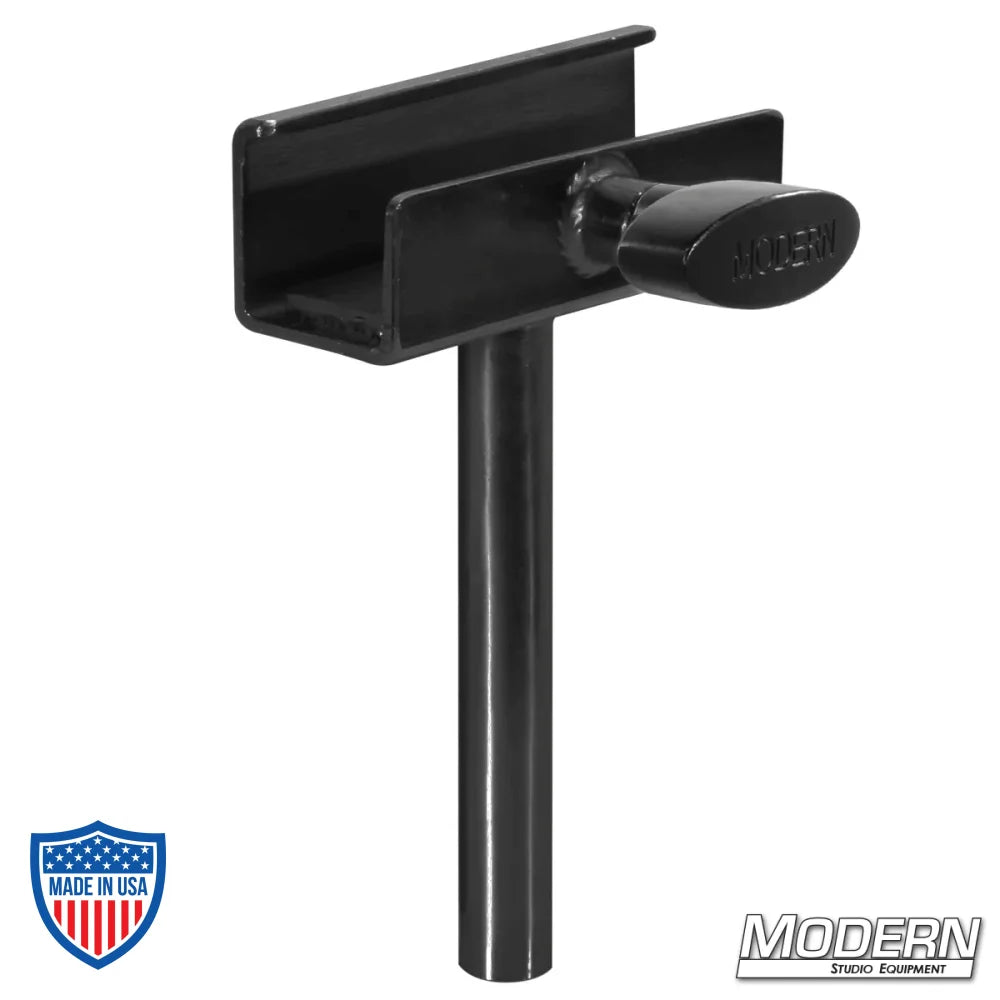 Black zinc flip flop pin for 1" square aluminum tube, clamp-on baby (5/8") pin for film grip rigging.