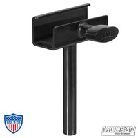 Black zinc flip flop pin for 1" square aluminum tube, clamp-on baby (5/8") pin for film grip rigging.