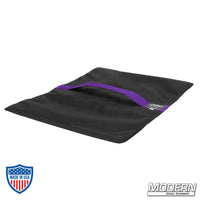 Flyaway Sandbag 35 lbs made from Cordura 1000 with velcro closure for film grip and rigging, empty, black with purple handle.
