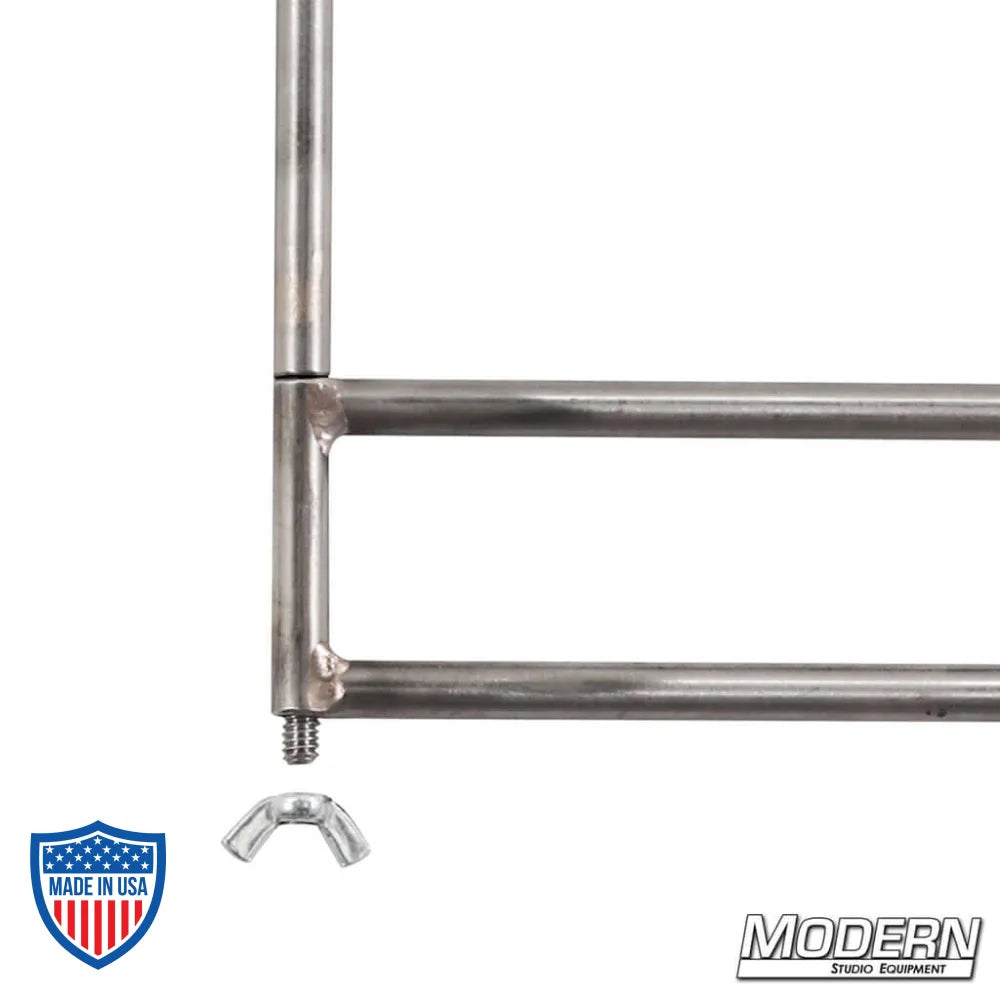 Close-up of the 48" x 48" foldable frame corner with wingnut for film grip and rigging.