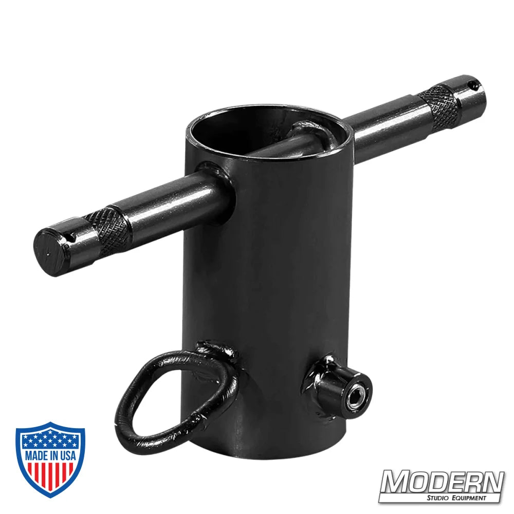 Front receiver with baby pins for 1-1/2" Speed-Rail® in black zinc, used for film grip and rigging.