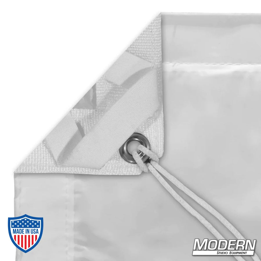 Full Soft Frost textile with webbing, grommet, and tie, reduces direct light by 2.6 stops. Perfect for film grip and rigging.