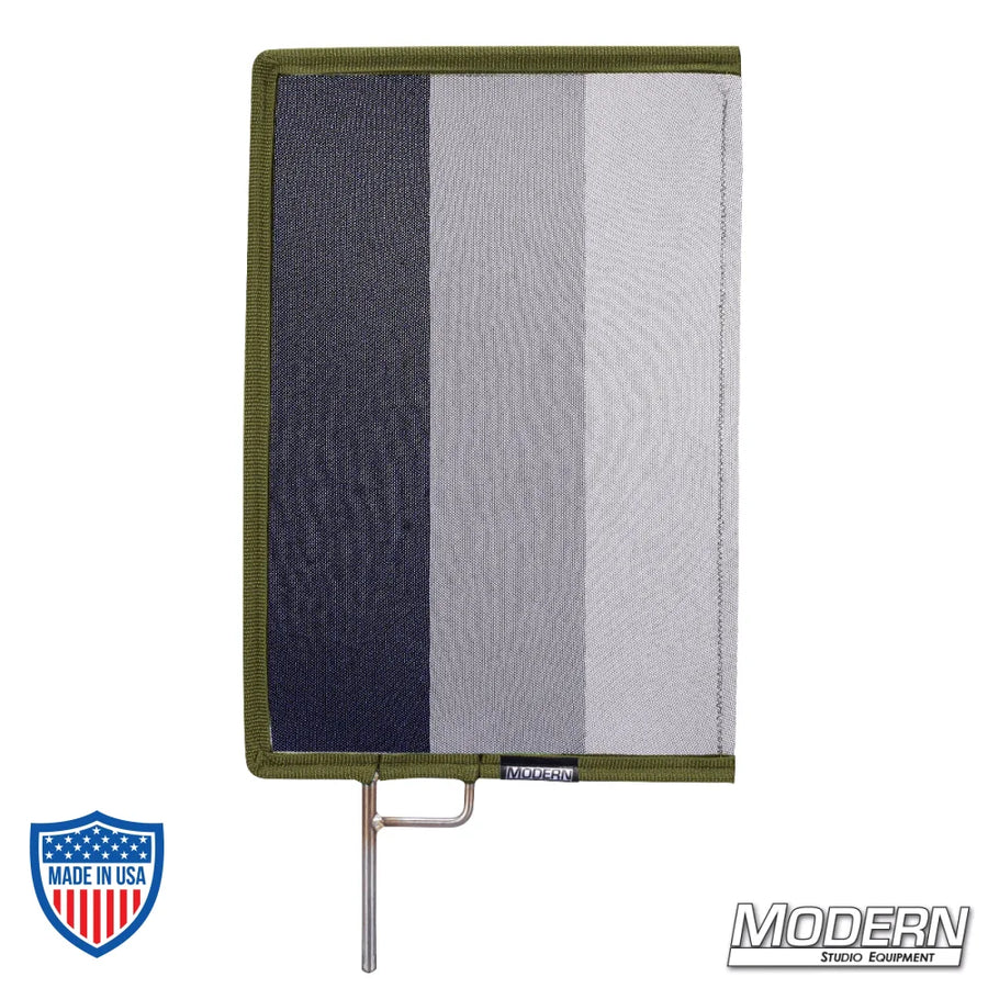 Graduated Scrim with open end stainless steel frame and 0.6, 1.2, 1.8 stop material for film grip rigging.