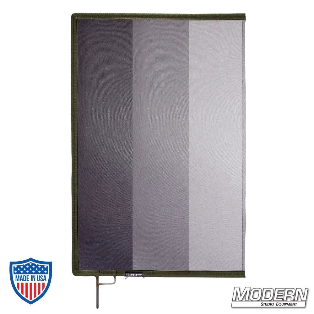 Graduated Scrim with stainless steel frame for film grip rigging, featuring 0.6, 1.2, & 1.8 stop material.