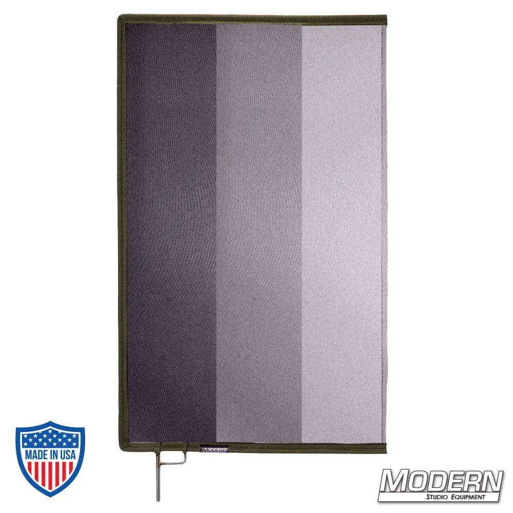 Graduated Scrim with open end stainless steel frame, featuring 0.6, 1.2, and 1.8 stop material for film grip rigging applications.