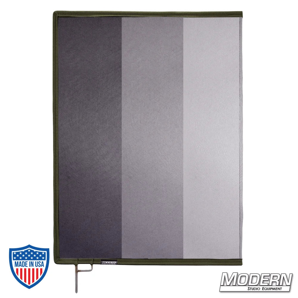 Graduated scrim with open-end stainless steel frame for film grip and rigging, featuring 0.6, 1.2, & 1.8 stop material.