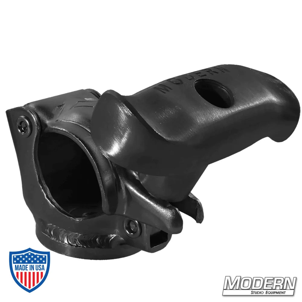 Black zinc grid clamp with handle and 3/8" female thread for film grip and rigging applications