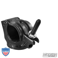 Steel grid clamp with 3/8" female thread, black zinc finish, nut attached, used for film grip and rigging with Speed-Rail®