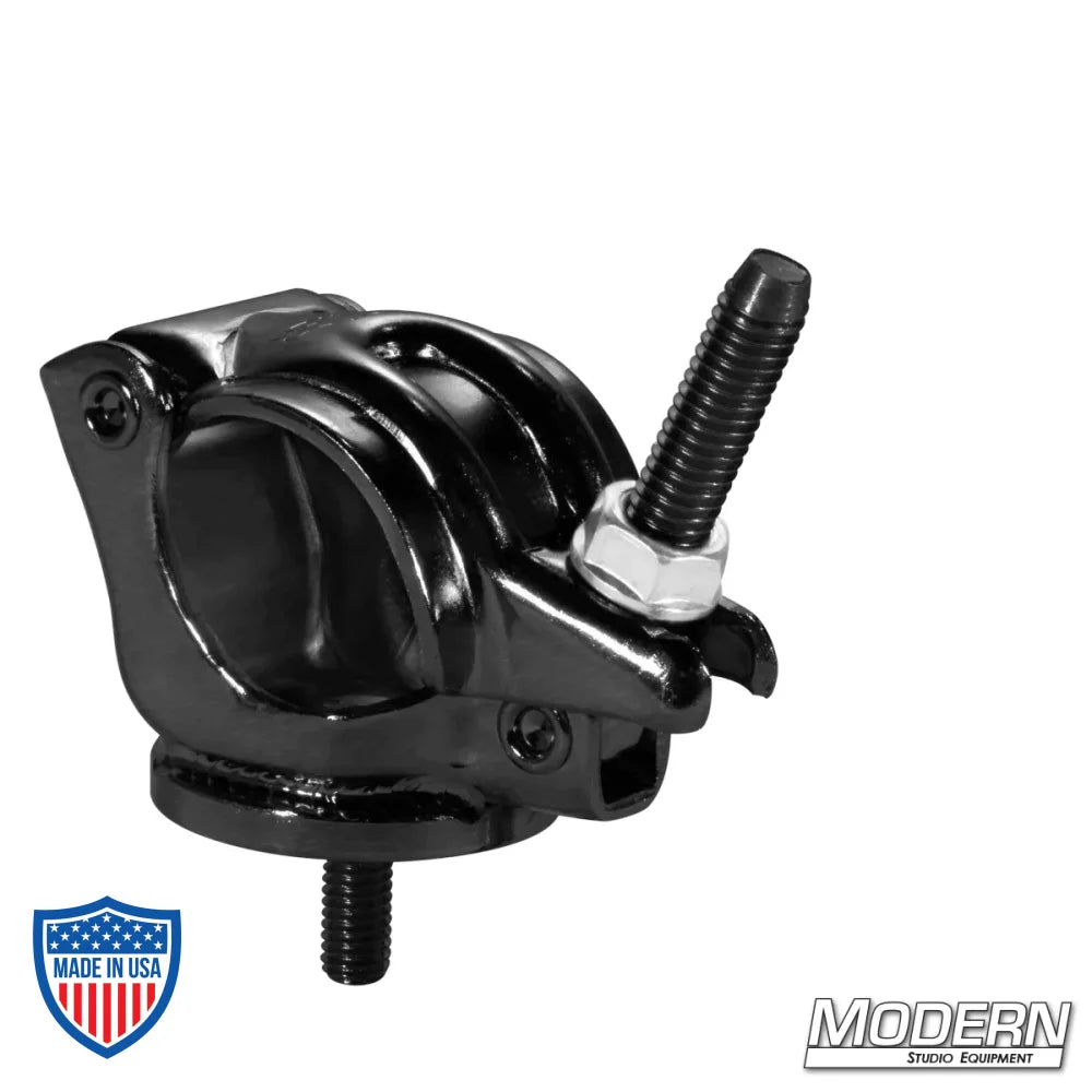 Grid clamp with 3/8" male thread, black zinc finish, and nut. Ideal for film grip and rigging applications.