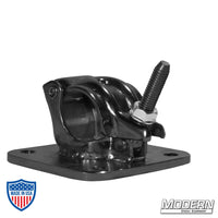 Black zinc grid clamp with 4x4" flat plate and nut for film grip and rigging.