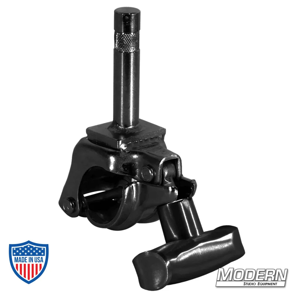Black zinc grid clamp with 5/8" baby pin and spin handle for film grip rigging.