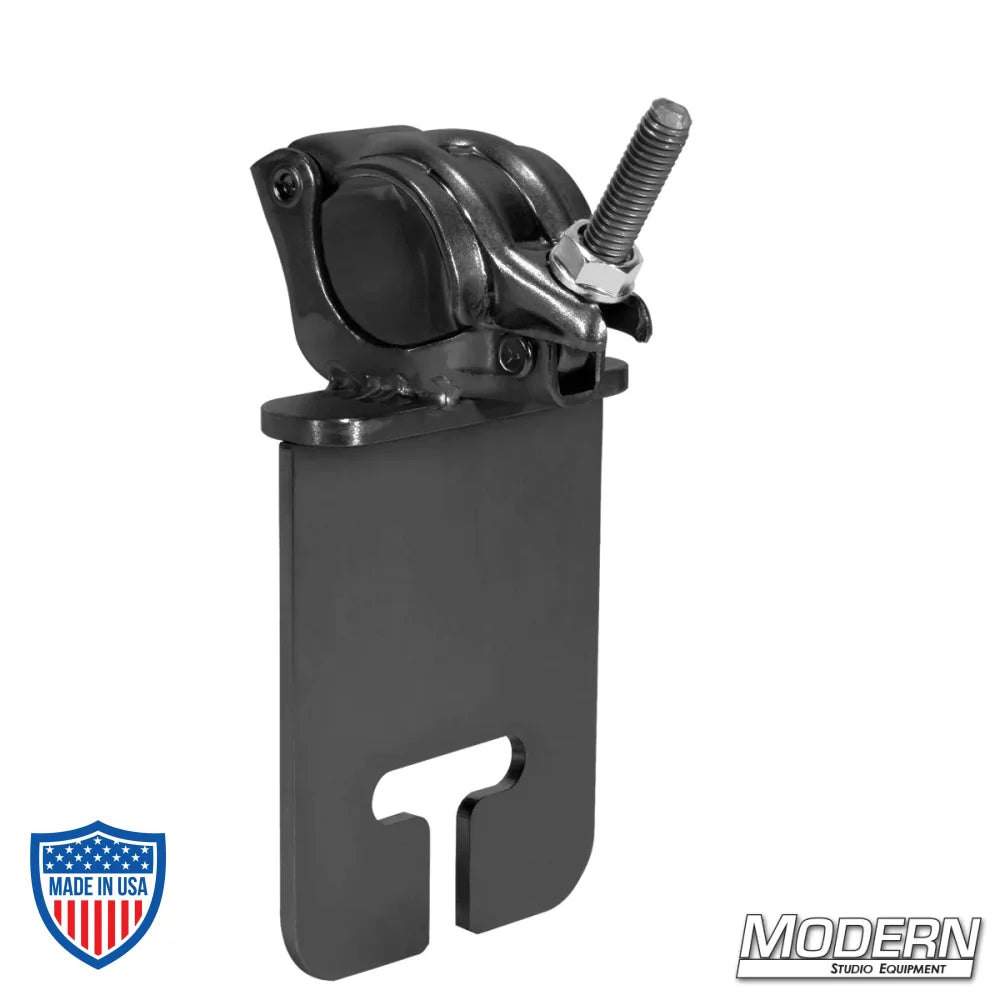 Steel black zinc grid clamp with ear, nut, for 1-1/4" or 1-1/2" Schedule 40 aluminum Speed-Rail, ideal for film grip rigging.