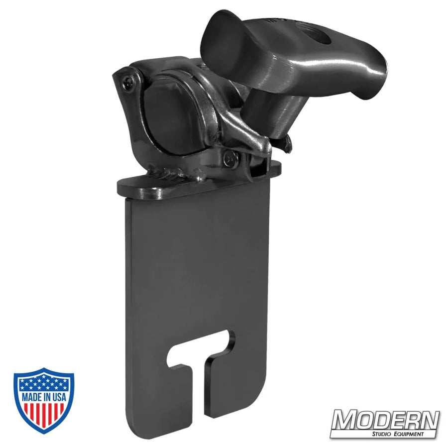 Black zinc grid clamp with spin handle for film grip rigging, welded to standard ear for use with gobo/grip heads.