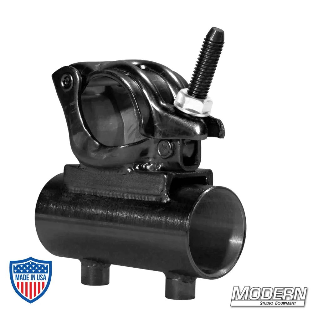 Grid Clamp with Horizontal 1-1/2" Speed-Rail Receiver in black zinc with nut, ideal for film grip and rigging on sets.