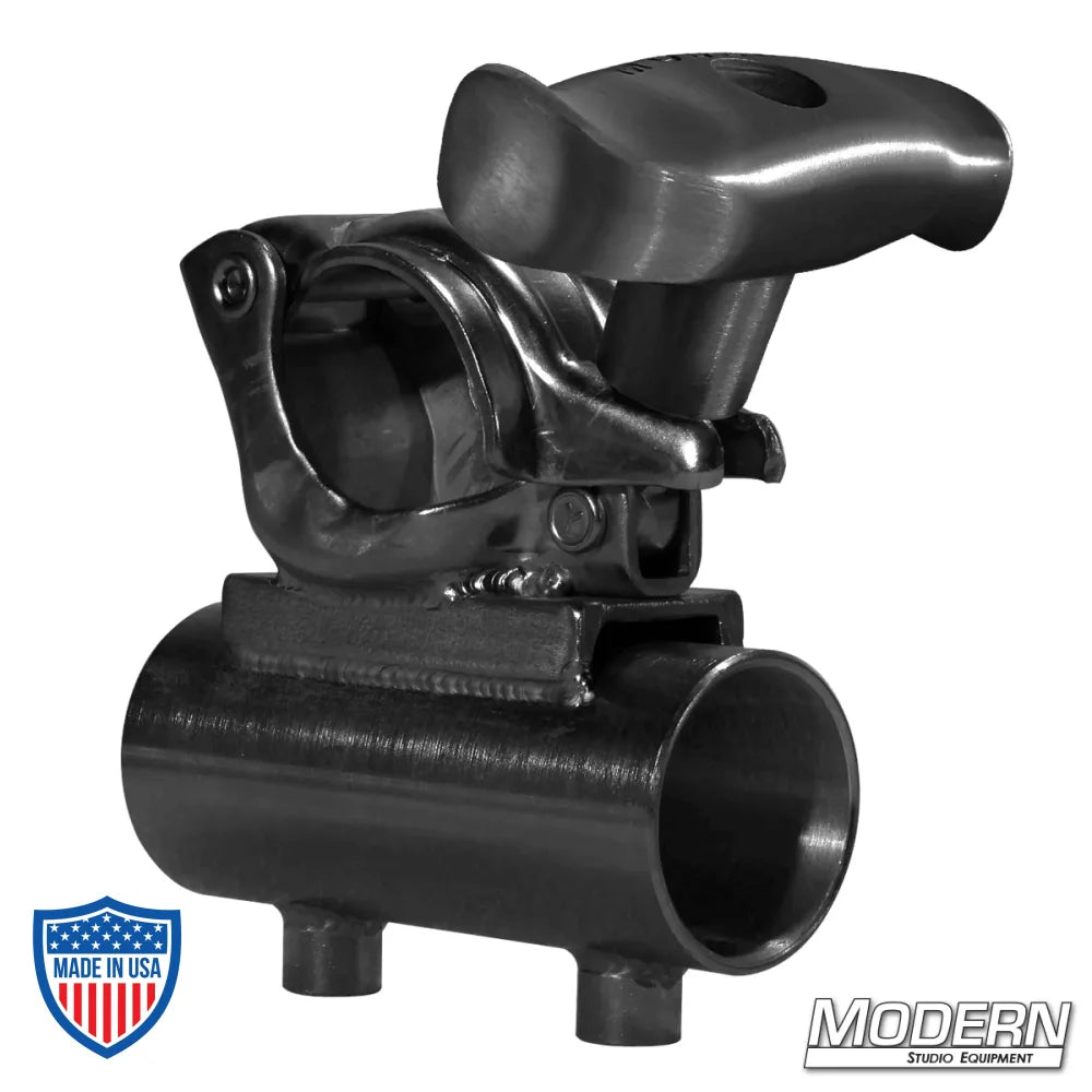 Black zinc grid clamp with horizontal 1-1/2" Speed-Rail® receiver and spin handle for film grip and rigging setups.