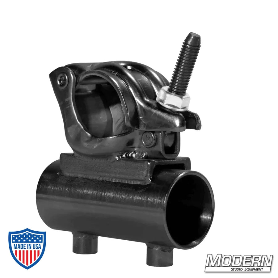 Black zinc steel grid clamp with horizontal 1-1/4" Speed-Rail® receiver and nut for film grip rigging.