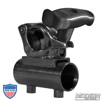 Grid clamp with horizontal 1-1/4" Speed-Rail® receiver, black zinc with spin handle, for film grip rigging.