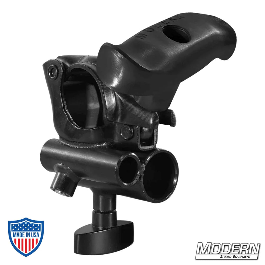 Black Zinc Grid Clamp with Junior and Baby Receiver featuring 3/8-16" T-Handle, ideal for film grip and rigging on aluminum Speed-Rail® systems.