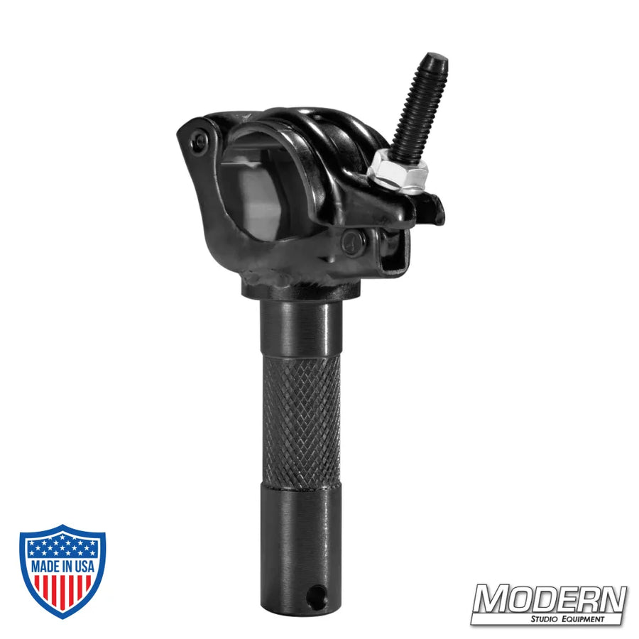 Black zinc grid clamp with junior male pin and nut for film grip and rigging equipment
