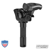 Black zinc grid clamp with junior male pin and spin handle for film grip rigging.